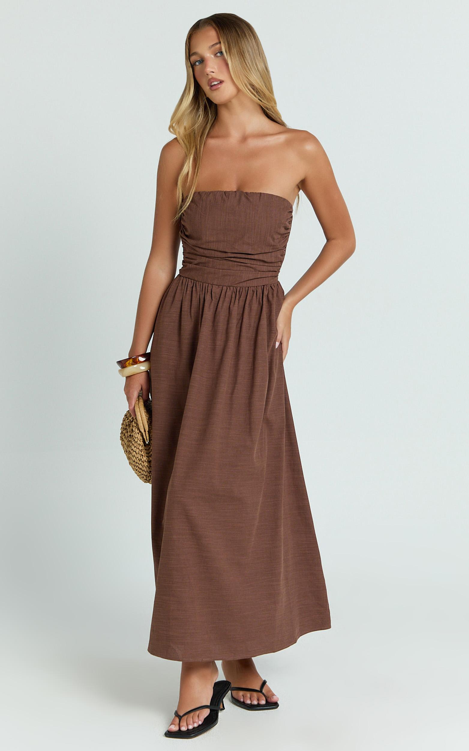 polly midi dress - strapless ruched dress in chocolate