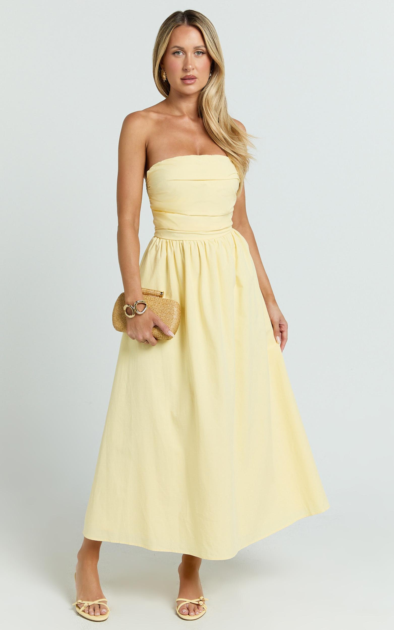 polly midi dress - strapless ruched dress in lemon