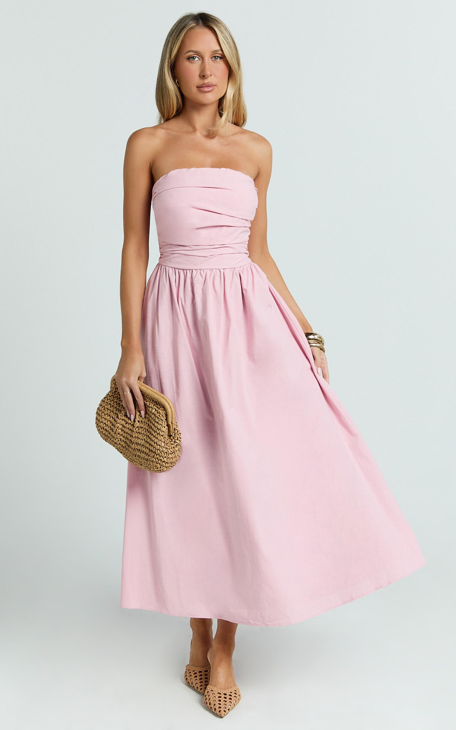 polly midi dress - strapless ruched dress in pink