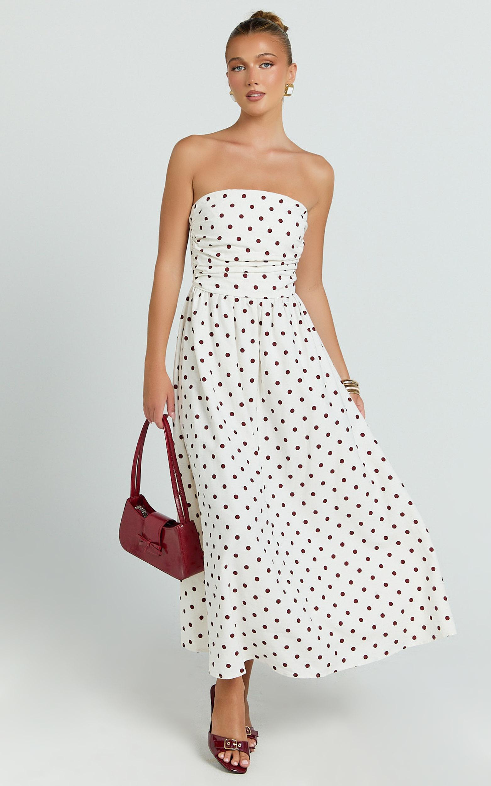 polly midi dress - strapless ruched dress in red polka dot