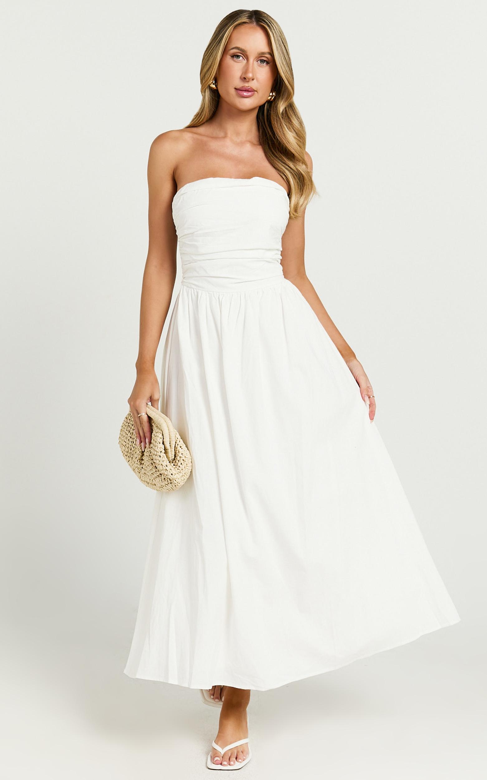 polly midi dress - strapless ruched dress in white