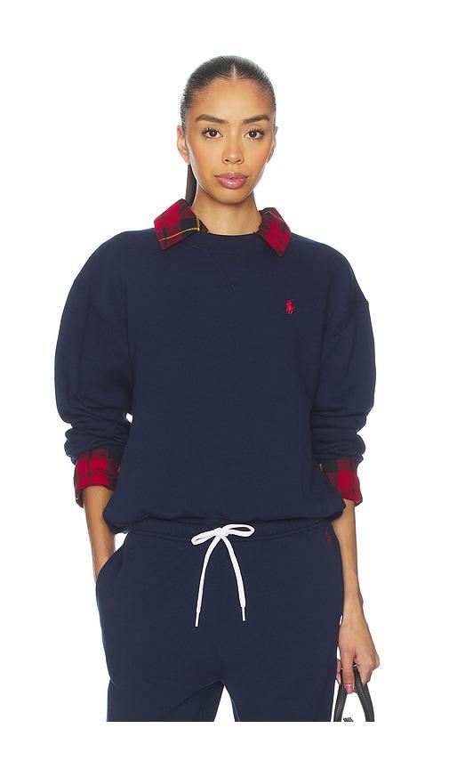 polo ralph lauren arctic fleece knit long sleeve crew neck sweatshirt in navy.