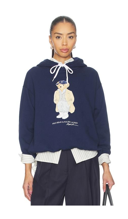 polo ralph lauren artic fleece long sleeve hood sweatshirt in navy.