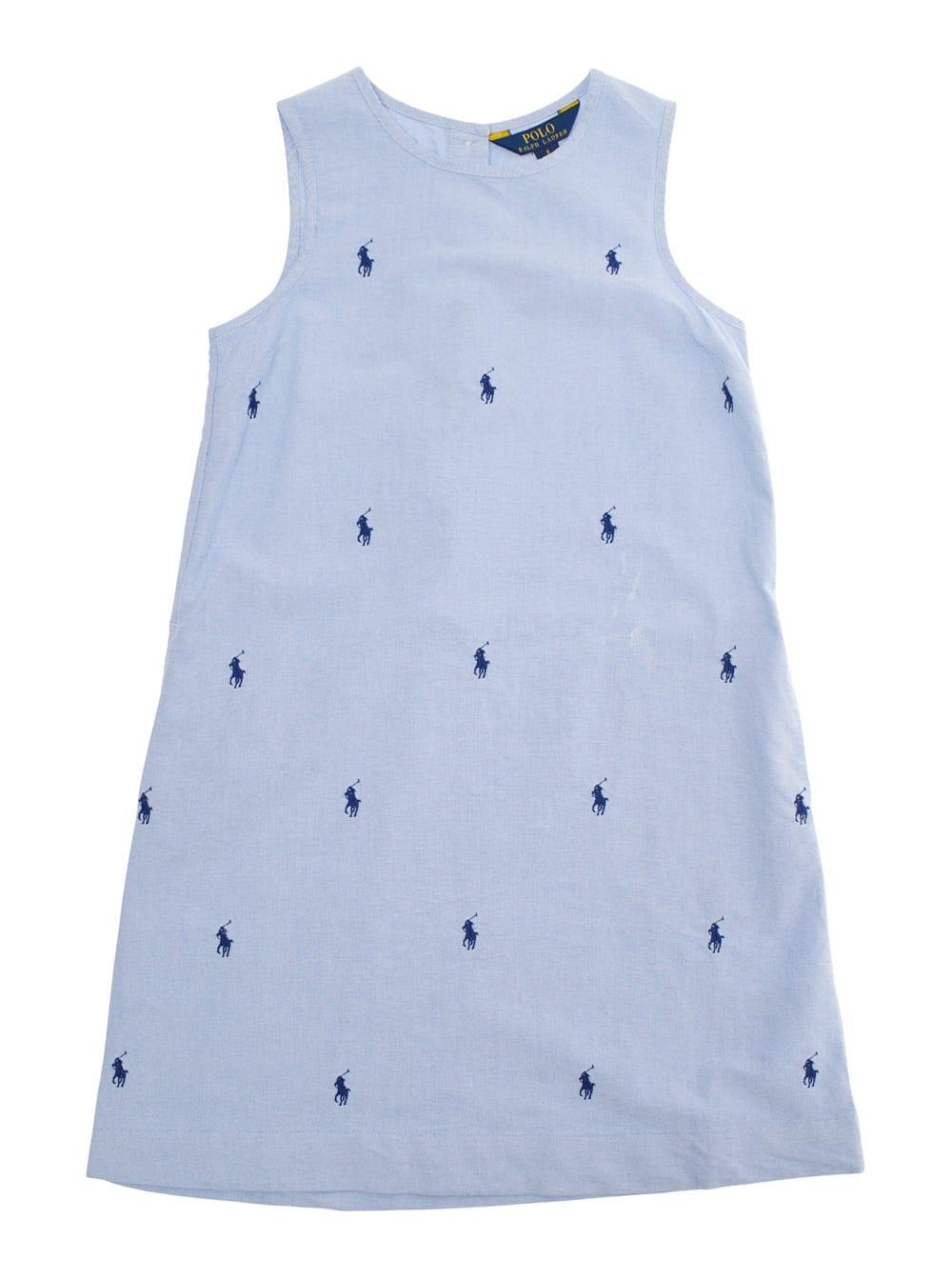 polo ralph lauren blue crewneck sleeveless dress with all-over pony embroidery in cotton girl
