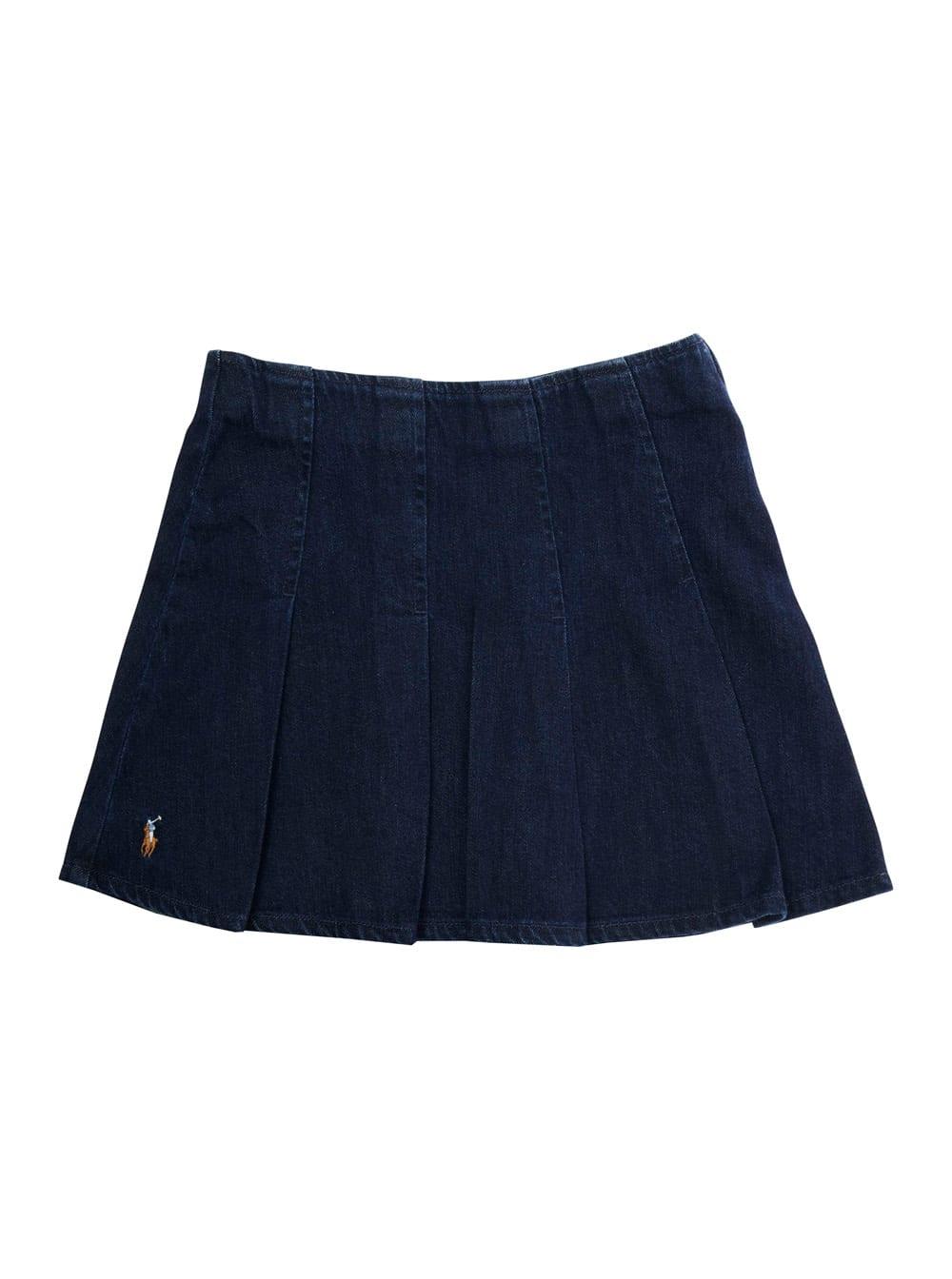 polo ralph lauren blue pleated skirt with pony embroidery on the front in denim girl