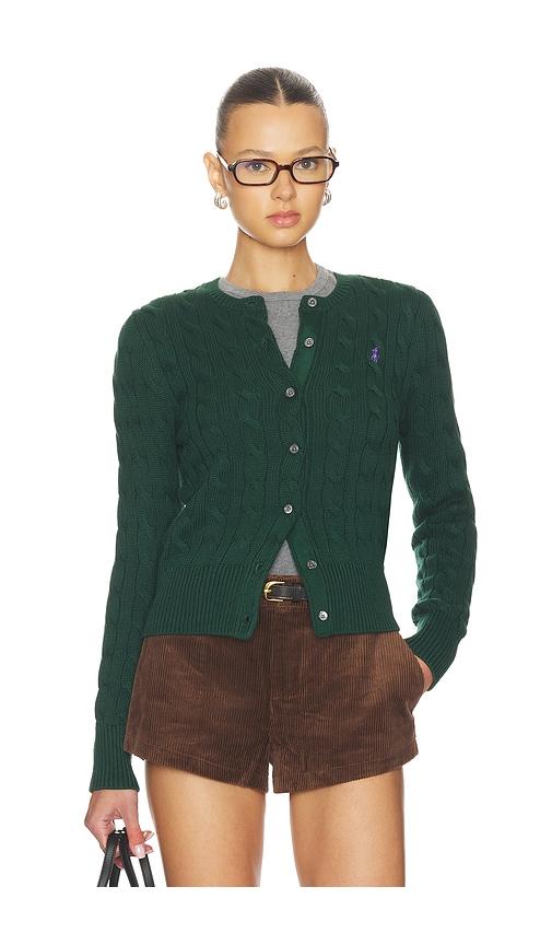 polo ralph lauren cable knit cotton crewneck cardigan in dark green.