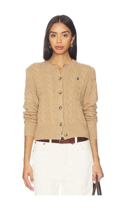 polo ralph lauren cable knit wool cashmere cardigan in brown.