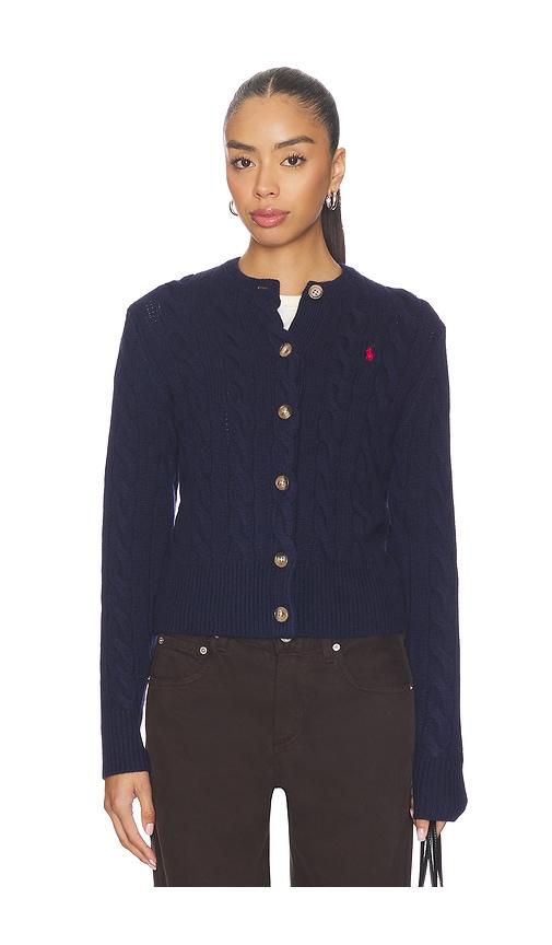 polo ralph lauren cable knit wool cashmere cardigan in navy.