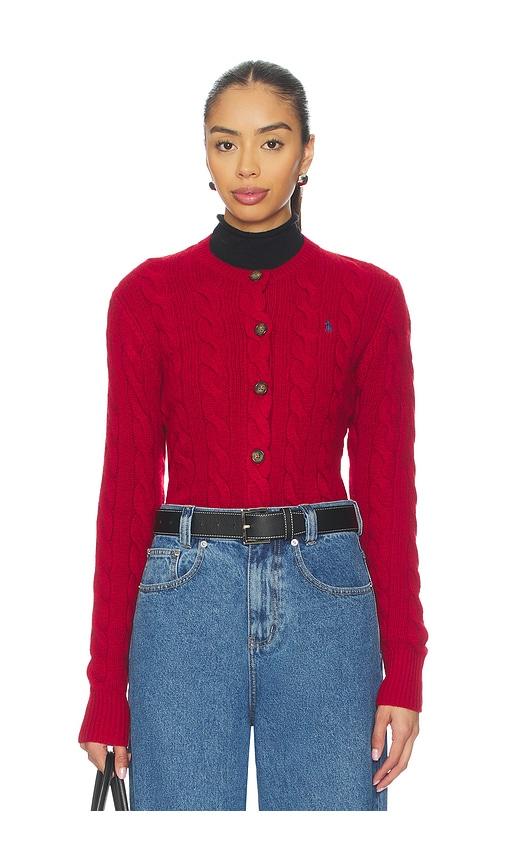 polo ralph lauren cable knit wool cashmere cardigan in red.