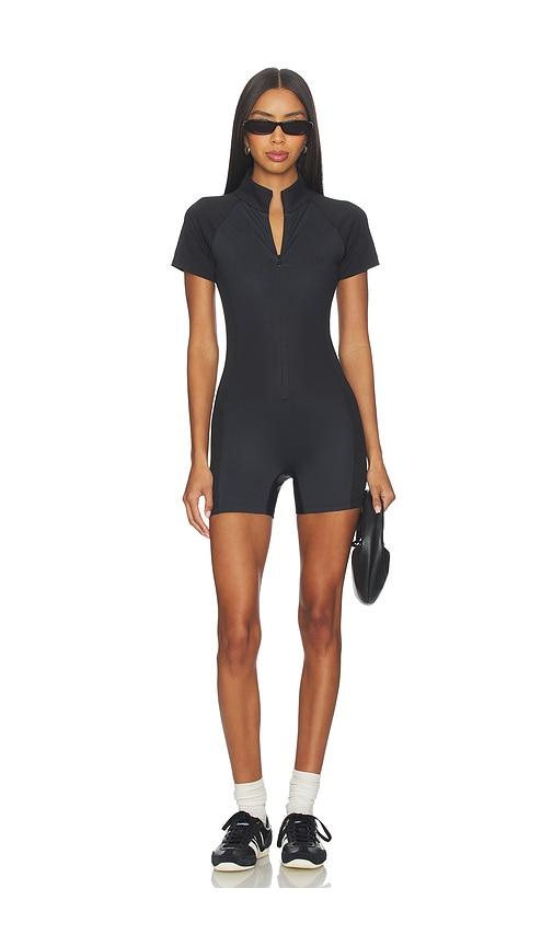 polo ralph lauren graphic quarter zip bodysuit in black.