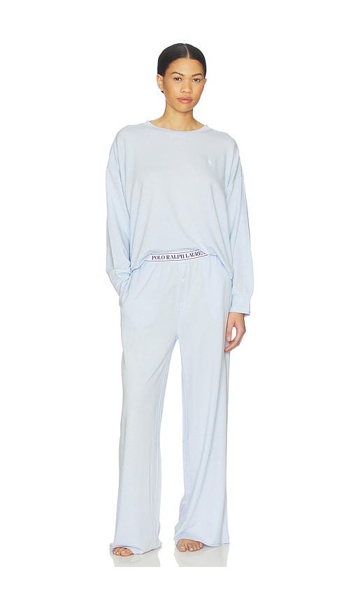 polo ralph lauren intimates crew neck & wide leg pant set in blue.