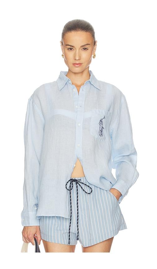 polo ralph lauren linen long sleeve sport shirt in baby blue.
