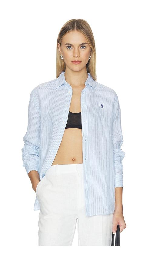 polo ralph lauren linen long sleeve sport shirt in blue.