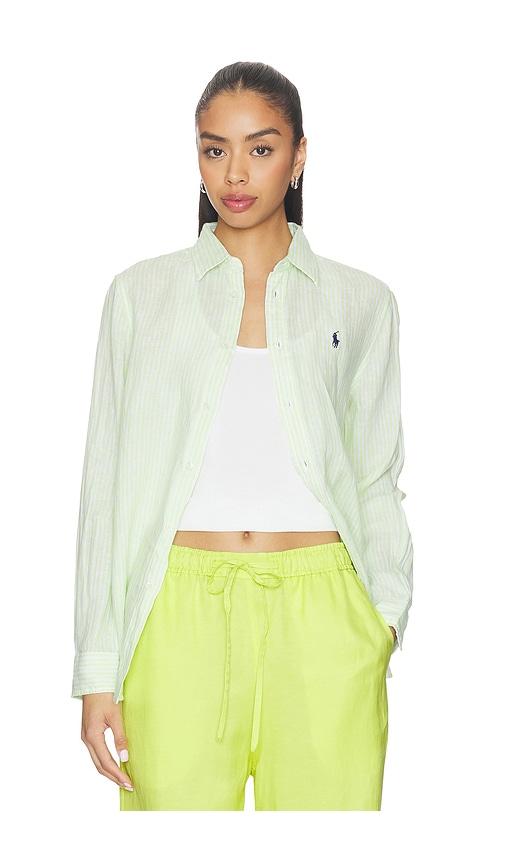 polo ralph lauren linen long sleeve sport shirt in green,white.