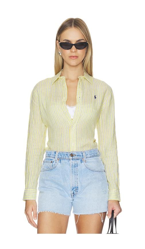 polo ralph lauren linen long sleeve sport shirt in yellow.