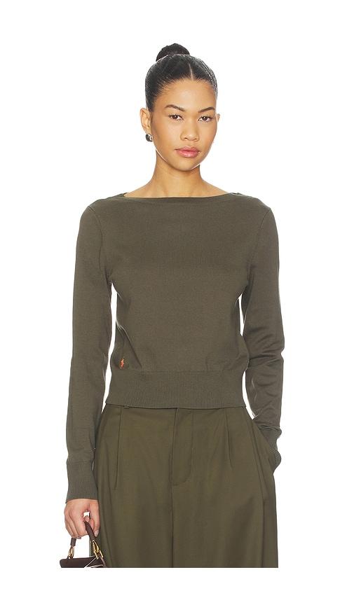 polo ralph lauren long sleeve boat neck top in olive.