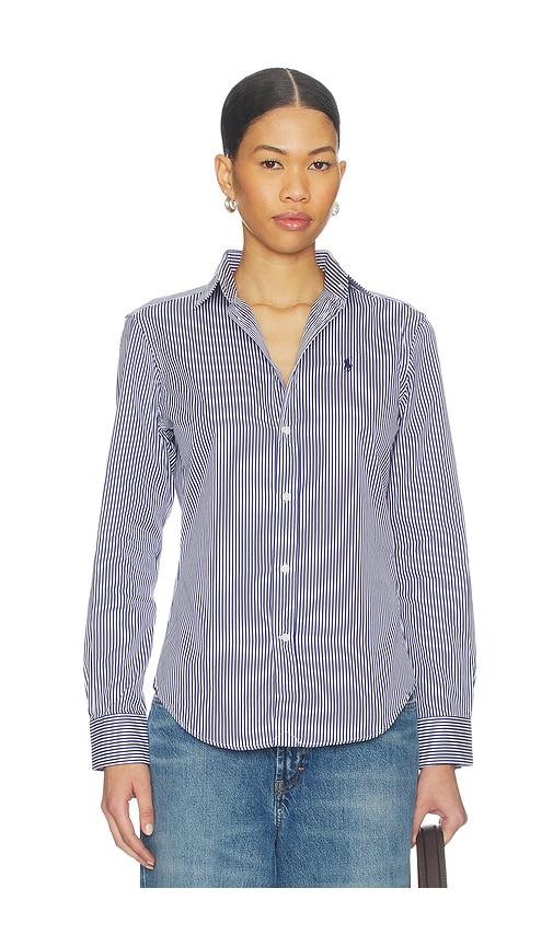 polo ralph lauren long sleeve button front shirt in navy,white.