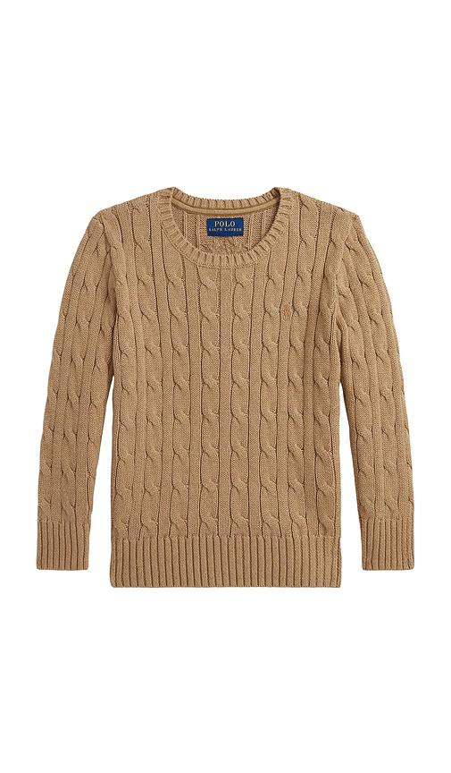 polo ralph lauren long sleeve cable knit crewneck sweater in tan.