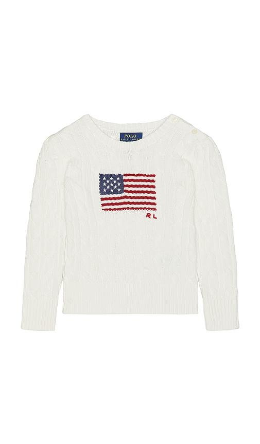 polo ralph lauren long sleeve cotton cable knit flag crewneck sweater in white.