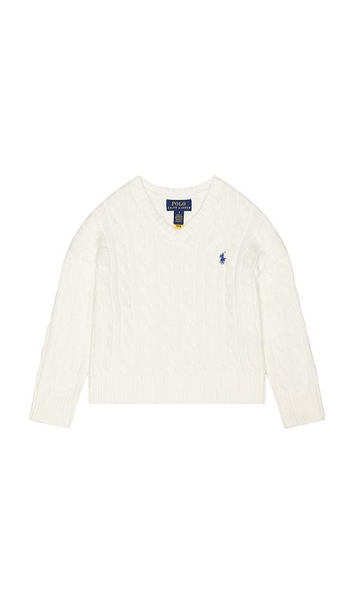 polo ralph lauren long sleeve cotton cable knit v neck sweater in white.