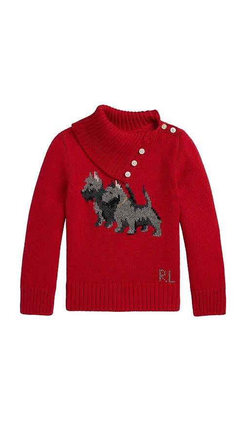 polo ralph lauren long sleeve intarsia dog turtleneck sweater in red.