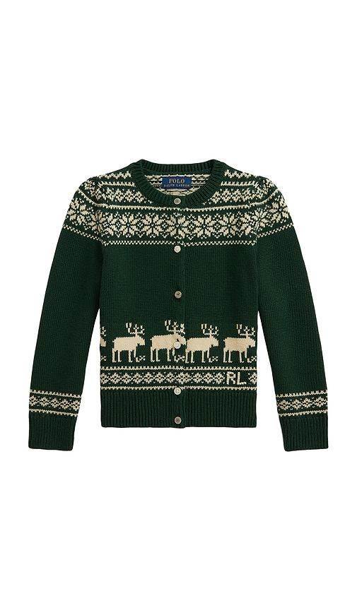 polo ralph lauren long sleeve intarsia holiday cardigan in green.