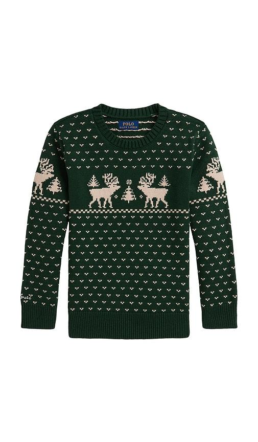polo ralph lauren long sleeve intarsia reindeer sweater coverall in green.