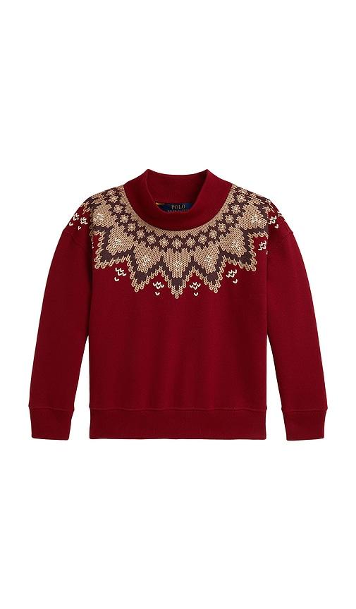 polo ralph lauren long sleeve lightweight fleece mockneck bubble sweatshirt in red.