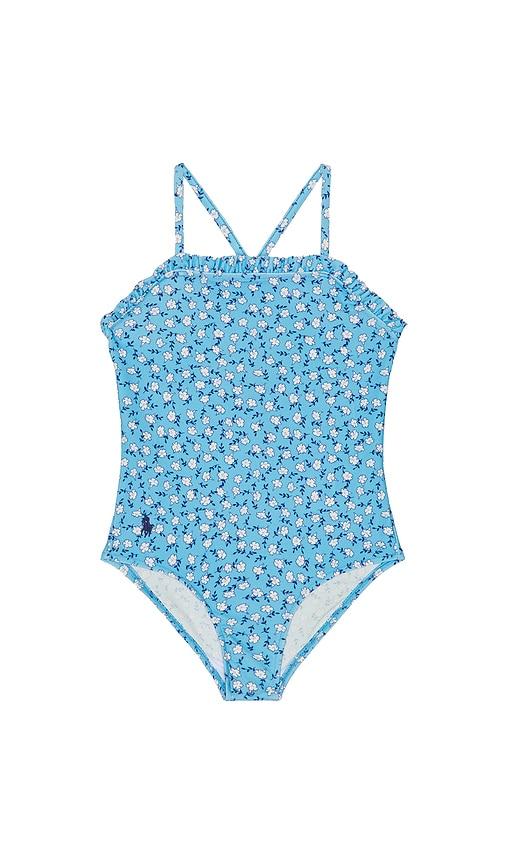 polo ralph lauren one piece floral printed hipster swimsuit in blue.