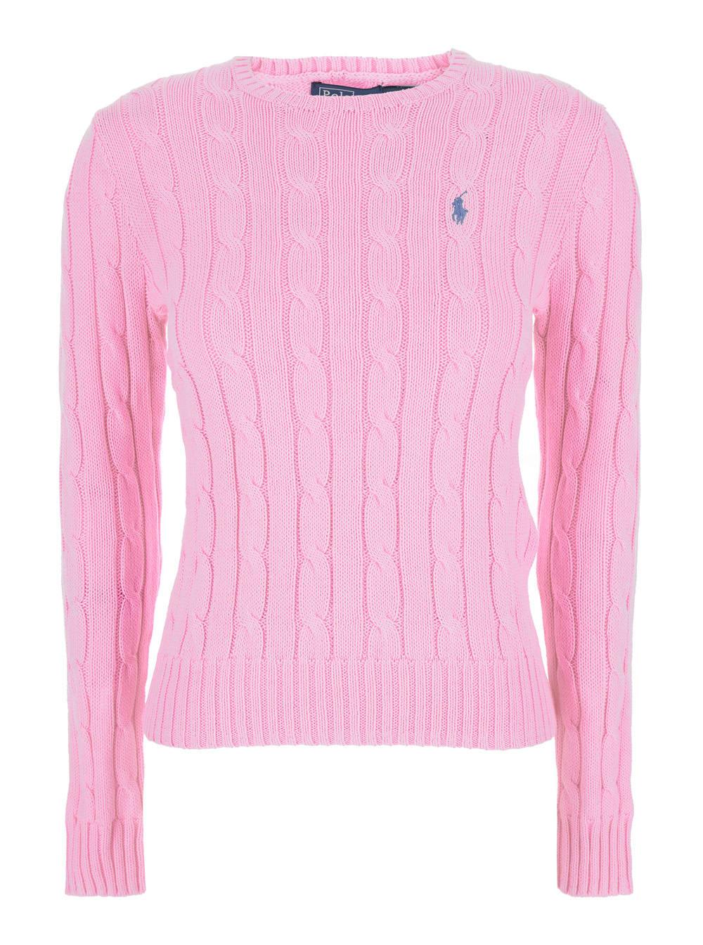 polo ralph lauren pink crewneck sweater with pony embroidery on the front and cable knit in cotton for women