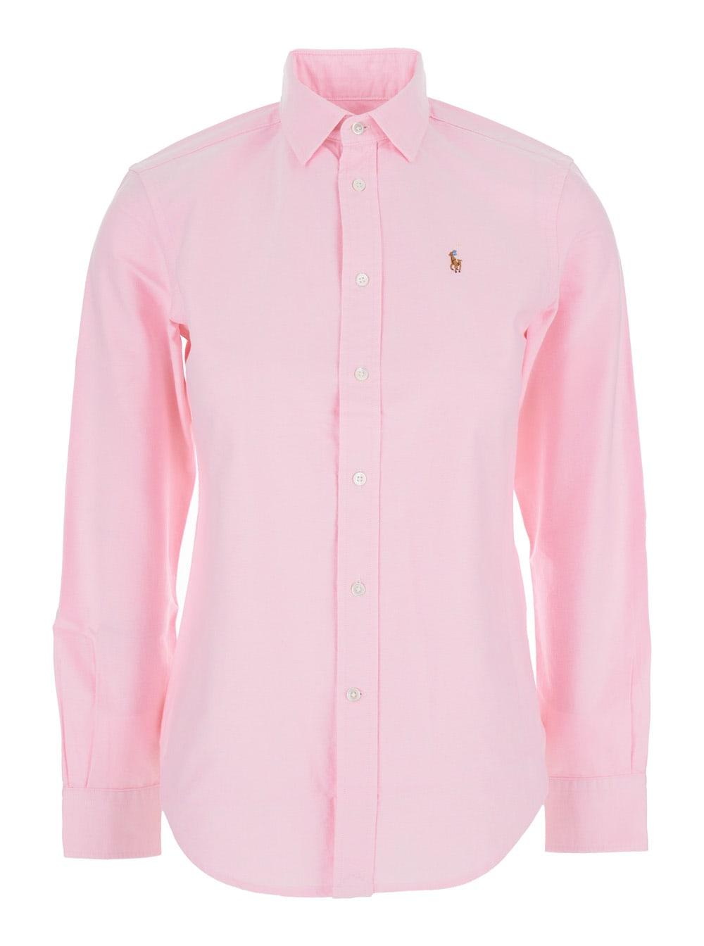 polo ralph lauren pink shirt with classic collar and logo embroidery on the front in cotton woman