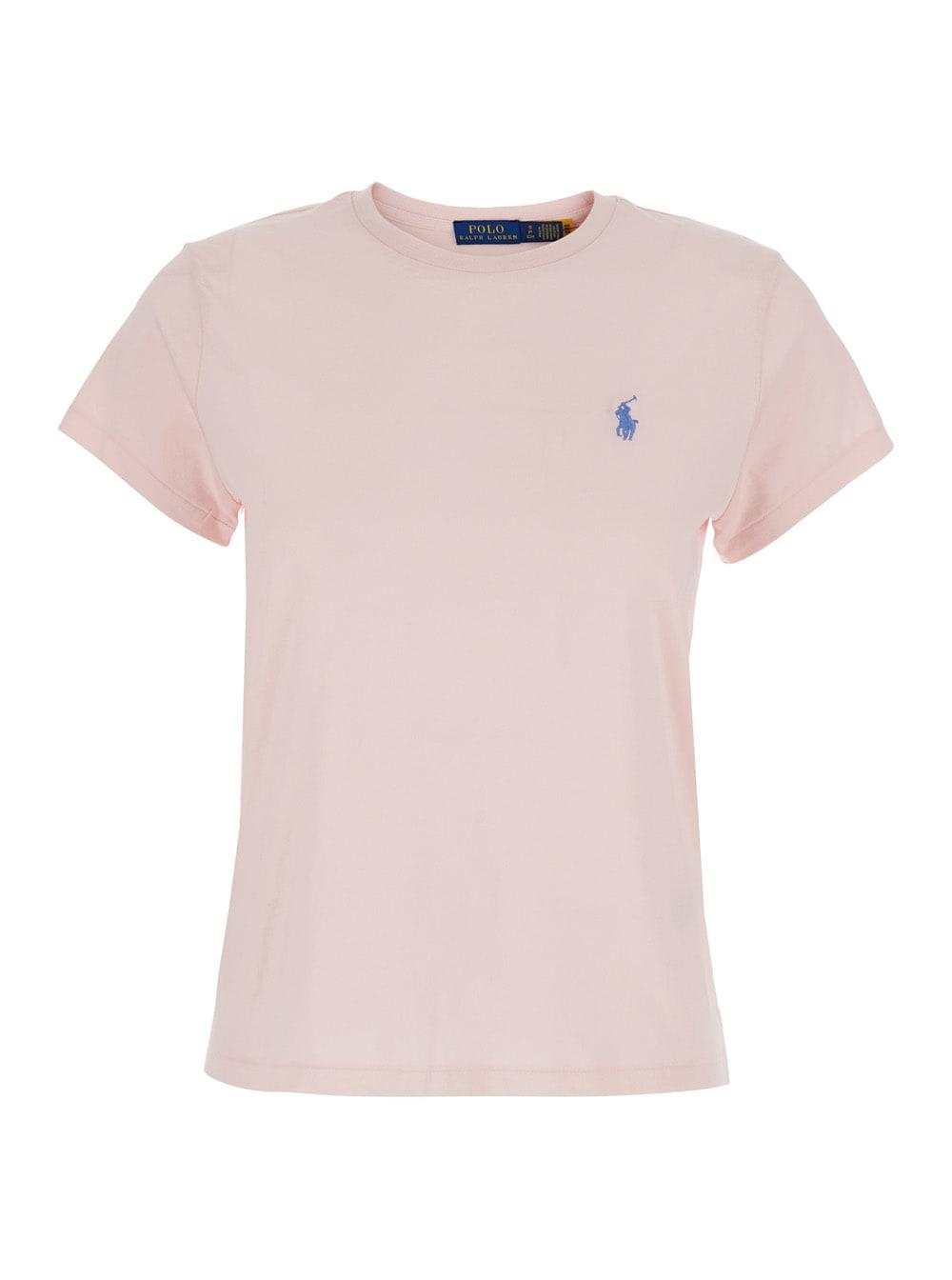 polo ralph lauren pink t-shirt with pony logo on the front and round neck in cotton for women