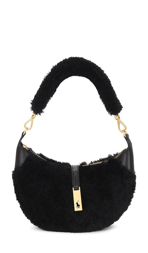 polo ralph lauren shearling & vachetta leather shoulder bag small in black.