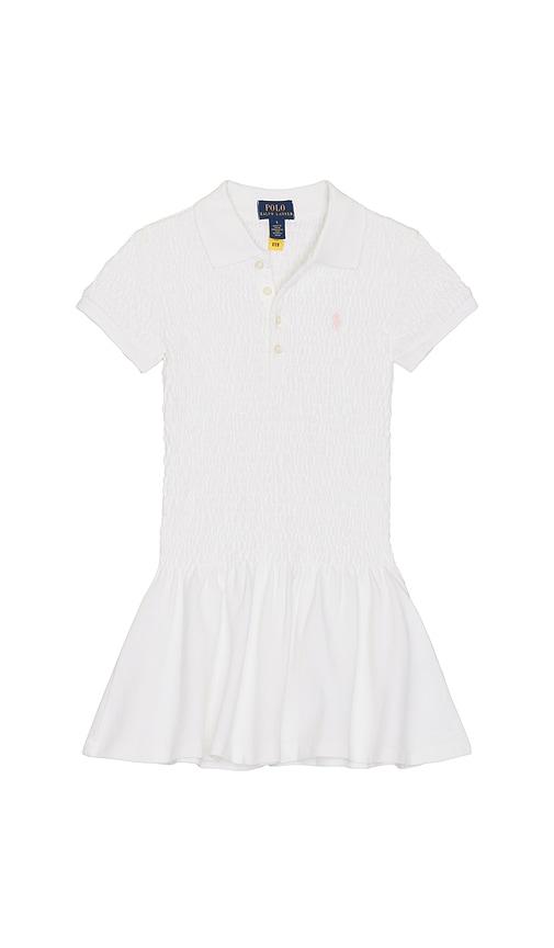 polo ralph lauren sleeveless stretch mesh smocked collared day dress in white.