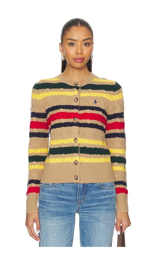 polo ralph lauren striped cable wool cashmere cardigan in beige,yellow.