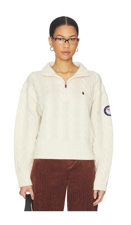 polo ralph lauren wool cashmere half zip sweater in cream.