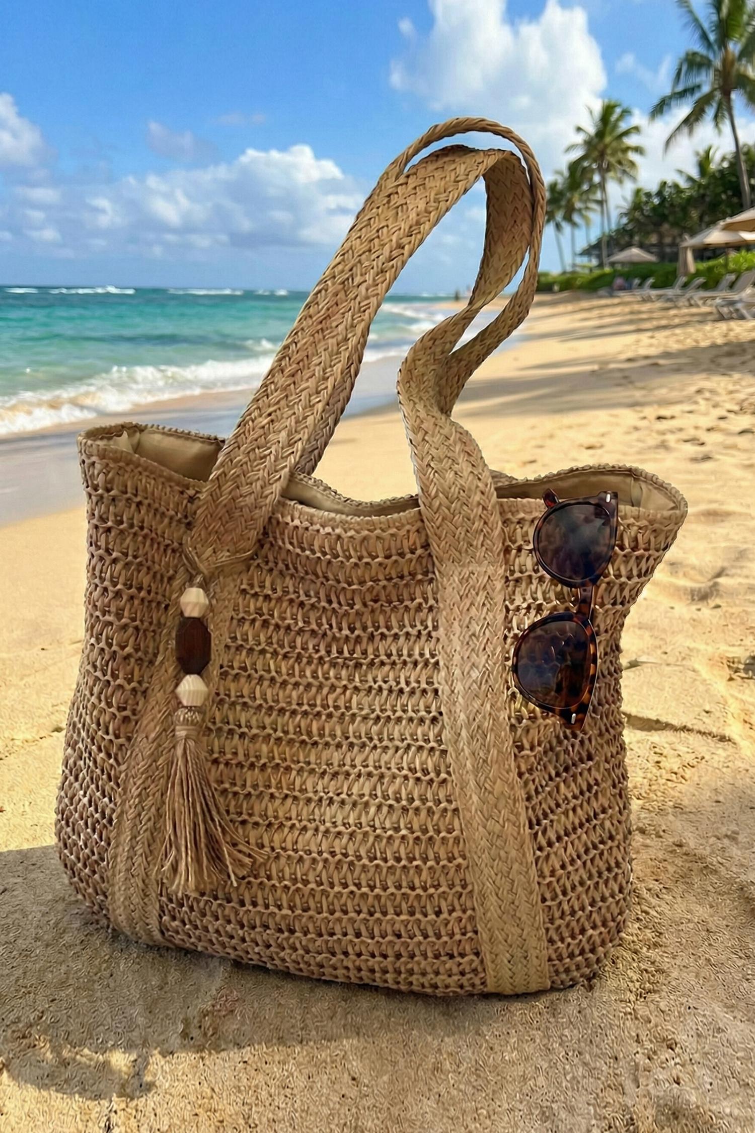 pool bound straw tote bag - f