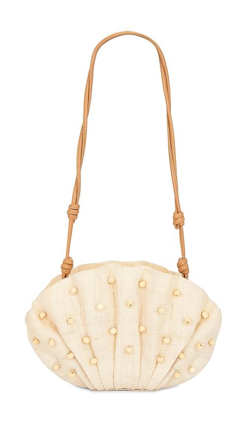 poolside the origami beaded scallop clutch in brown.