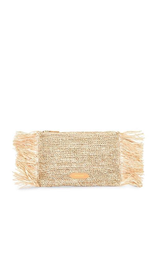 poolside the tropical fringe clutch in beige.