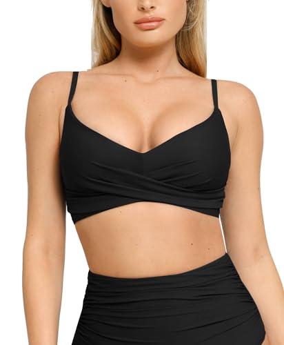 popilush bikini top for women - twist front v neck push up padded swim top with adjustable straps - bathing suit top black