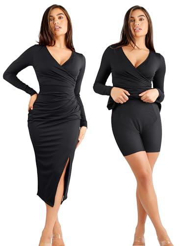popilush black shapewear dress v neck formal wedding midi dress built in shapewear for women long sleeve bodycon dress