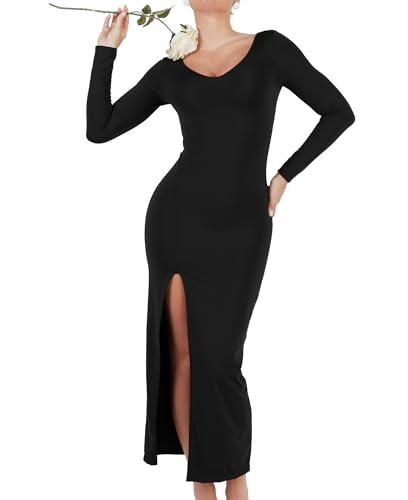 popilush black shapewear dresses for womens v neck long sleeve maxi dress with slit bodycon wedding guest formal fall dress