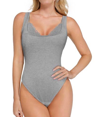popilush body suits for womens modal shapewear bodysuit tummy control lace layered bra going out tops grey