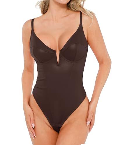 popilush body suits for womens tummy control - faux leather bodysuit deep v neck thong sleeveless brown corset tank top size m