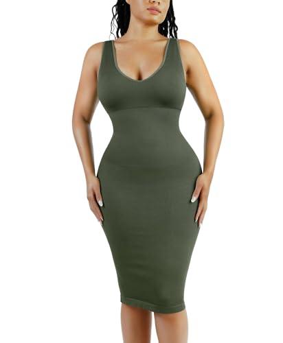 popilush bodycon dresses for women - summer causal green shapewear midi dress sleeveless v neck party sundresses