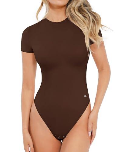 popilush bodysuits for women short sleeve round neck casual basic t shirt thong bodysuit tops