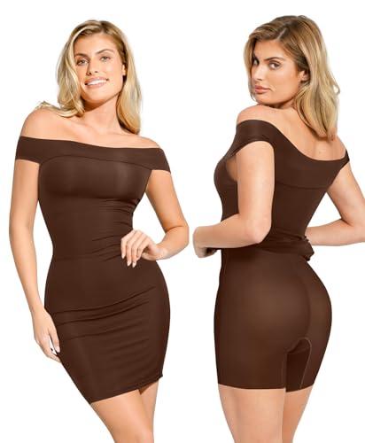 popilush brown shapewear cocktail dresses for women wedding guest off the shoulder short sleeve party bodycon midi dress