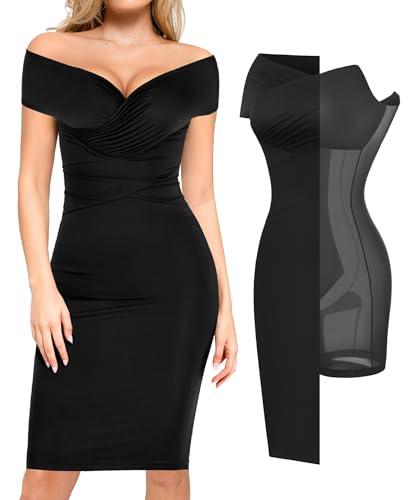 popilush cocktail dresses for women off shoulder midi dress shapewear tummy control wrap v neck formal wedding guest dress black