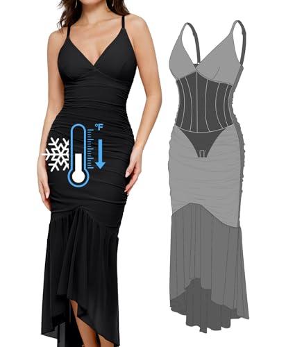 popilush cocktail dresses for women wedding guest built in shapewear corset dress deep v neck mesh ruched bodycon maxi dress black