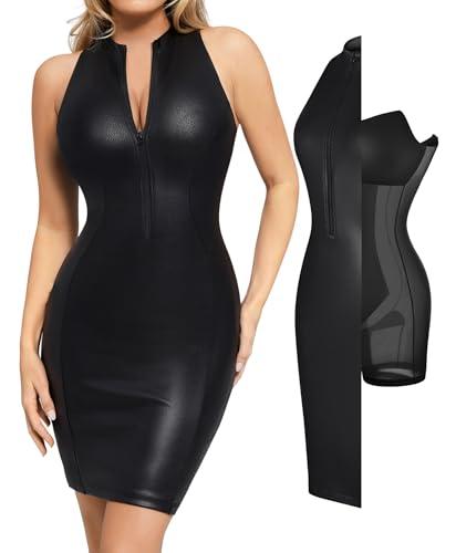 popilush faux leather dress for women - midi v neck dresses shapewear body con dress women - date night outfit black